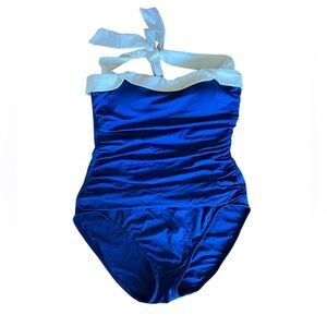 LAUREN Ralph Lauren Cobalt Blue Shirred Slimming Fit Halter Swim Suit size 8‎